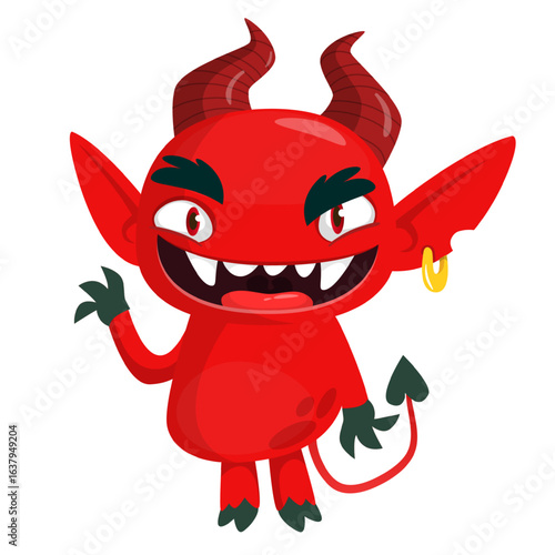 Cartoon funny red devil character design holding fork trident with long tail. Halloween vector illustration isolated
