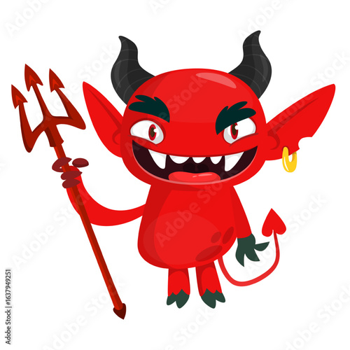 Cartoon funny red devil character design holding fork trident with long tail. Halloween vector illustration isolated
