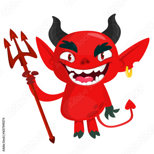 Cartoon funny red devil character design holding fork trident with long tail. Halloween vector illustration isolated