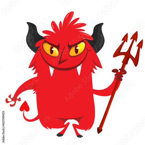 Cartoon funny red devil character design holding fork trident with long tail. Halloween vector illustration isolated