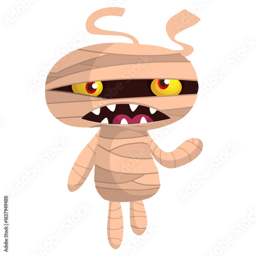 Cartoon funny walking mummy character design. Vector illustration of monster wrapped in strips of linen for Halloween party theamed decoration isolated