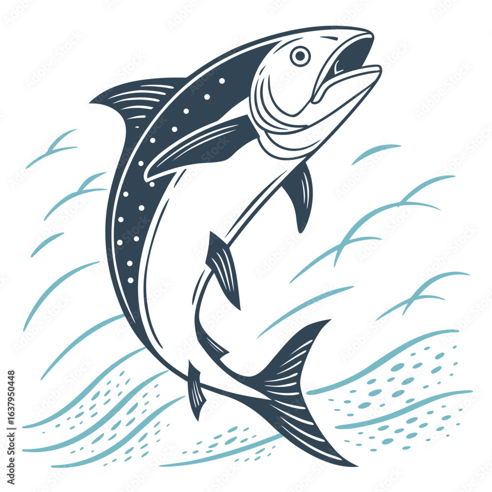 Naklejka premium Minimal jumping fish sketch with curved motion lines in black outline. 