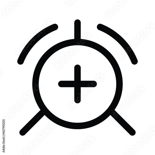 Outline alarm clock plus icon to add new alarms or reminders.