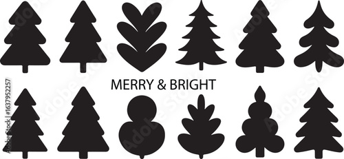 Black silhouette Christmas trees and festive shapes on white background vector