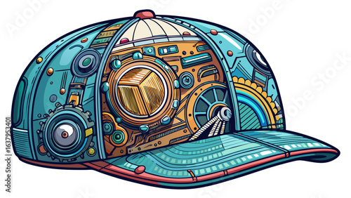 Trucker Hat Snapback Technical Drawing Illustration Blank Streetwear Mock-up Template for Design and Tech Packs CAD Strap Mesh