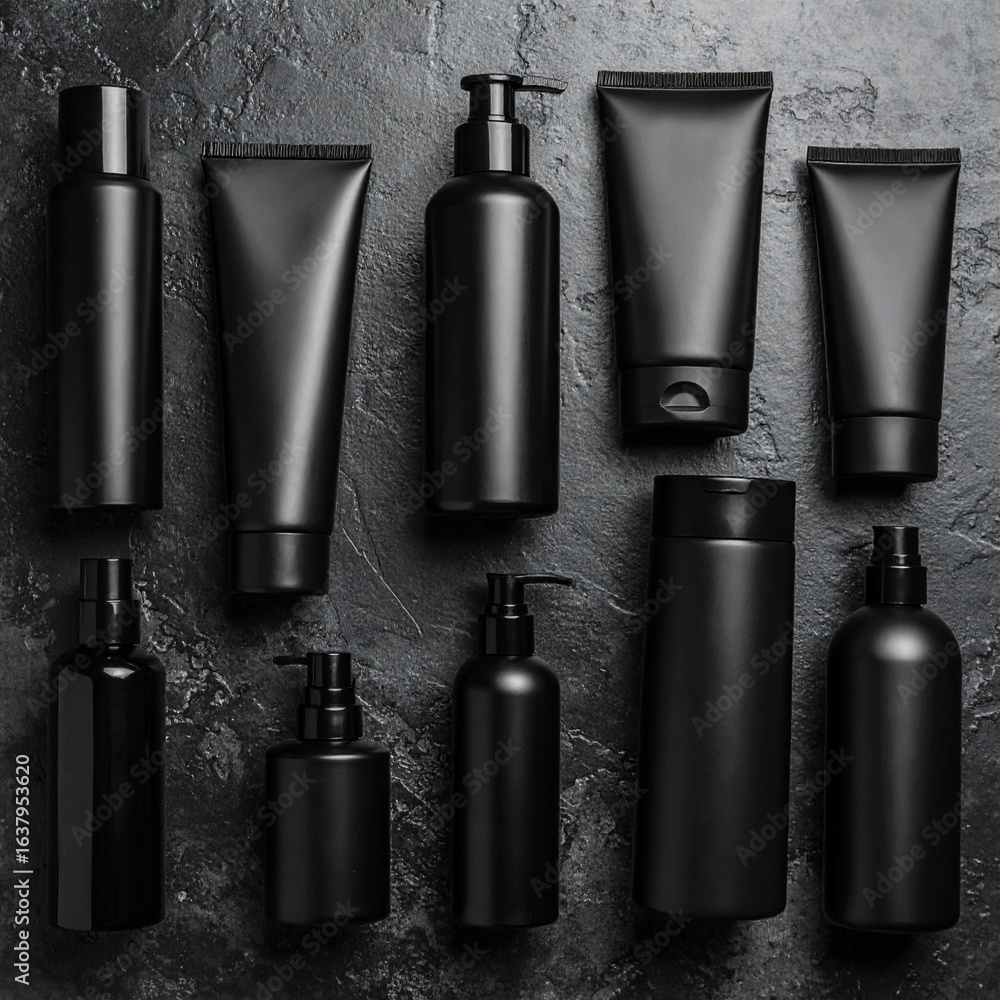 Fototapeta premium Stylish black cosmetic packaging set with bottles, jars, and boxes on dark textured background.