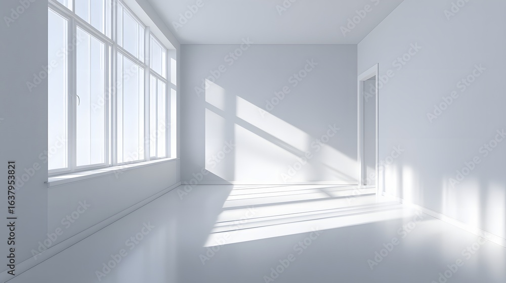 Fototapeta premium Empty room with large window and sunlight streaming in.