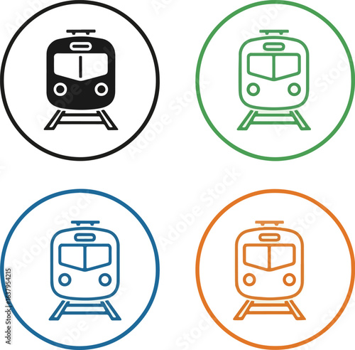 A set of four circular train icons in different colors and styles, including solid black and colored outlines.
