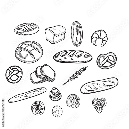 Vector bread set featuring various bakery items including baguette, loaf, croissant, pretzel, and rolls. Detailed hand-drawn style, perfect for bakery branding, menus, packaging, and culinary designs.
