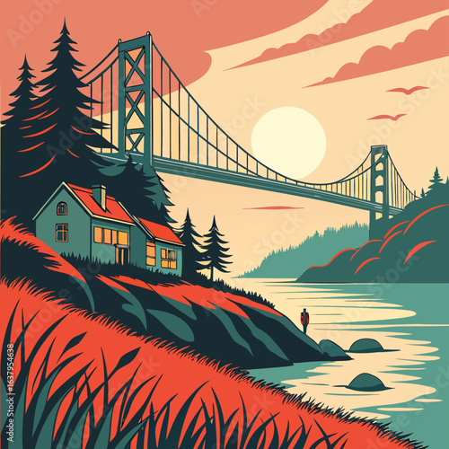 Stylized vector illustration of a house and suspension bridge over water at sunset home building