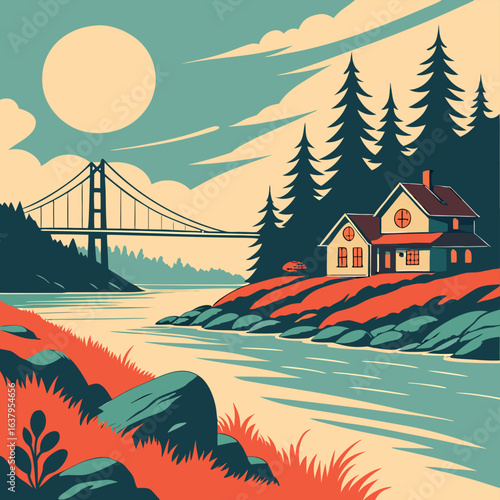 Stylized vector illustration of a tranquil coastal landscape with a suspension bridge and house
