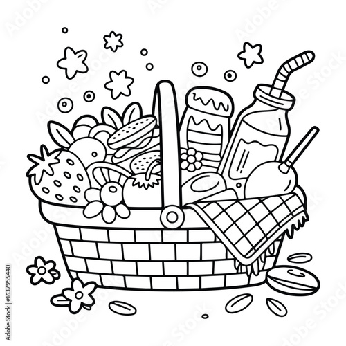 Picnic Basket Coloring Page: Cute & Cozy Coloring Book for Relaxation and Creativity. Easy, line art vector illustration, Coloring Pages for Kids & Adults