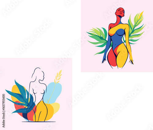 Vsai colorful women posing with tropical leaves, body positivity and self acceptance