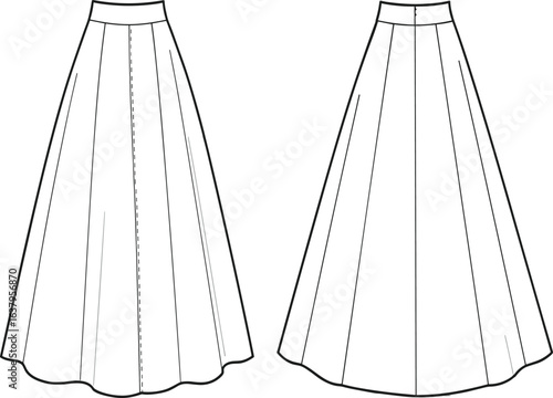 Elegant long skirt fashion design, detailed technical drawing, sewing pattern illustration, stylish garment, apparel design, vector art, fashion sketch, clothing template,