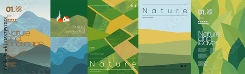 Nature and landscape. Vector geometric modern illustration of mountains, houses and tower, village, eco farm, agriculture, fields, top view, leaf pattern for poster, background or print