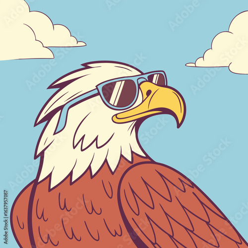 Cool cartoon bald eagle wearing sunglasses looking up at the sky