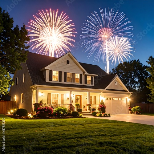Two-story house with fireworks display at night