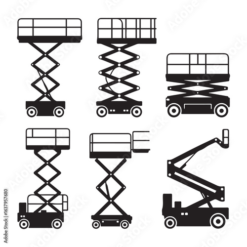 set of scissor lift machine. Vector black silhouette. with white background.