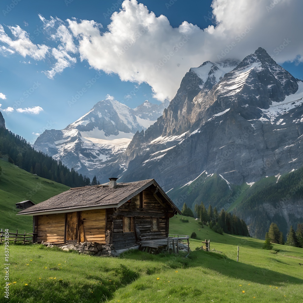 Idyllic wooden cabin nestled in a lush green meadow with majestic snow capped mountains towering in the background in switzerland Idyllic wooden cabin nestled in a lush green meadow with majestic snow capped mountains towering in the background in switzerland