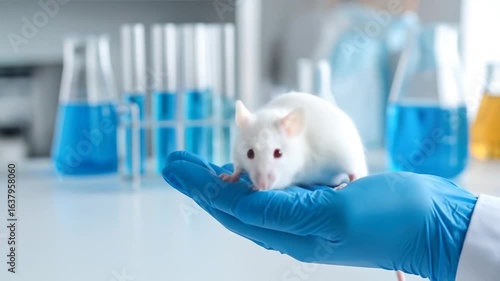Researcher holding a white mouse in a lab with scientific experiment research concept.