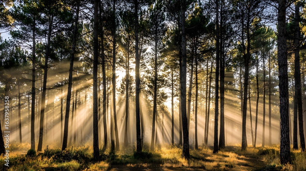 Obraz premium Sunlight streams through a dense forest.