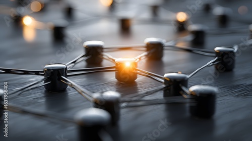 Close-up view of a network of interconnected metallic nodes.