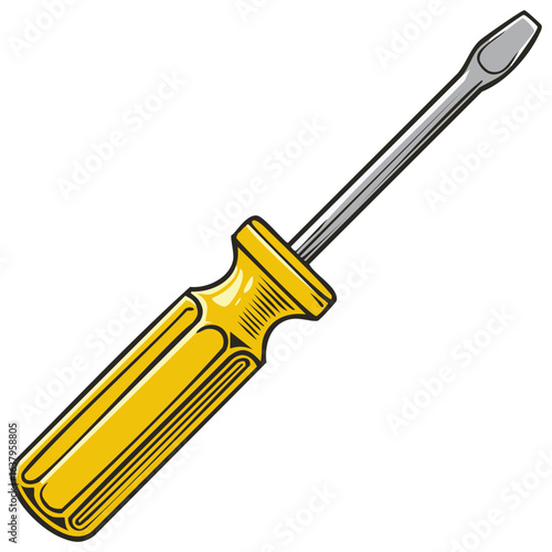 Yellow flat-head screwdriver hand tool in a vintage comic vector illustration style.