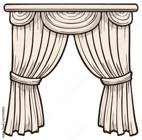 Elegant Interior Decor Featuring Decorative Draperies with Folds and Tiebacks, a Curtained Window Covering
