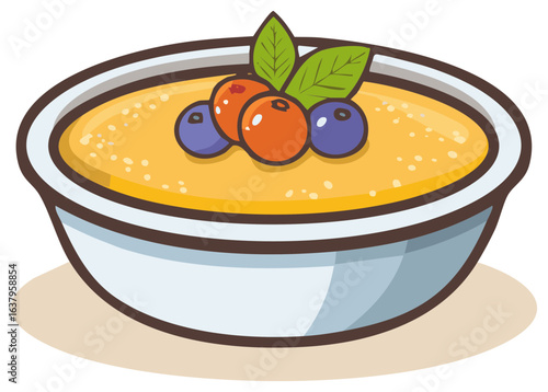 Illustration of a pudding or custard bowl topped with fresh berries and mint garnish