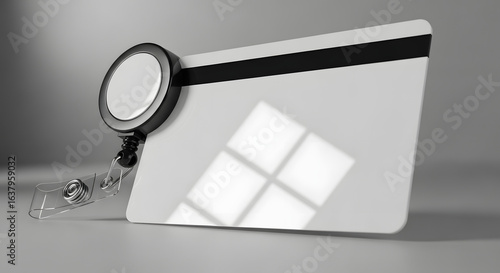 Monochrome 3D render of a blank security ID card with a magnetic stripe and retractable reel, concept for corporate access and identification.