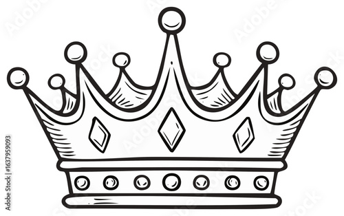 Line Art Drawing of Royal Crown Decorated with Spheres and Rhombuses
