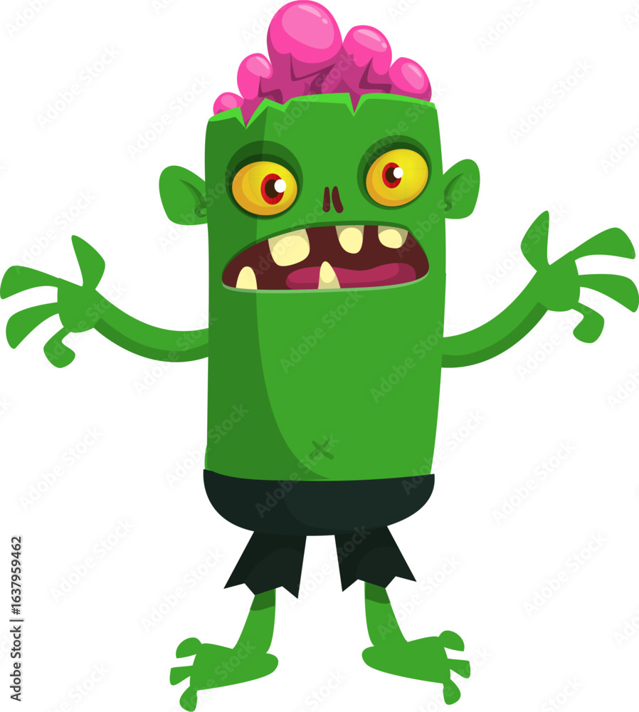 Fototapeta premium Cartoon funny green zombie. Halloween vector illustration of zombie creature.