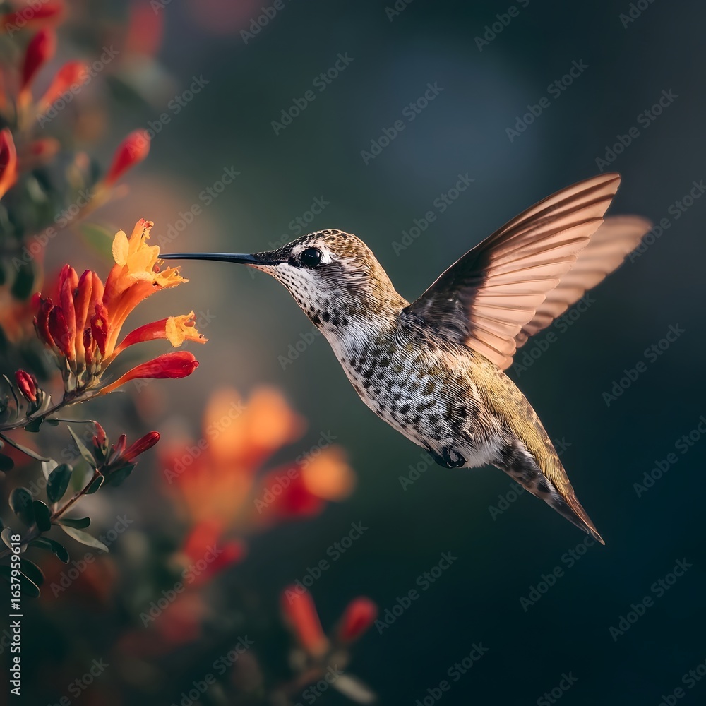 Obraz premium Hummingbird and Blossom: A mesmerizing close-up of a hummingbird delicately sipping nectar from a vibrant orange blossom. This image evokes a sense of wonder and the beauty of nature.