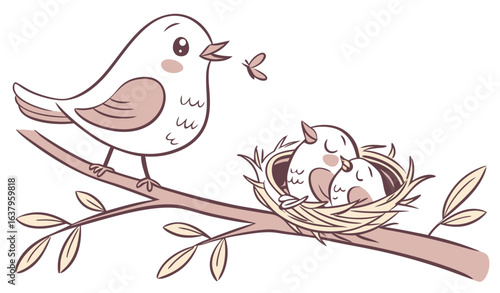 A warm and loving illustration of a mother bird feeding her baby birds in a nest, drawn in smooth and rounded shapes, minimal and friendly style, soft pastel colors, vector logo design, isolated on wh