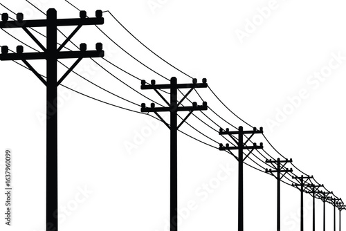 Silhouette of multiple utility poles with power lines stretching into the distance, isolated on white background, electric transmission infrastructure