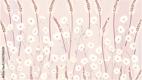 Aesthetic floral pattern featuring white flowers and brown wheat on a light pink background design art