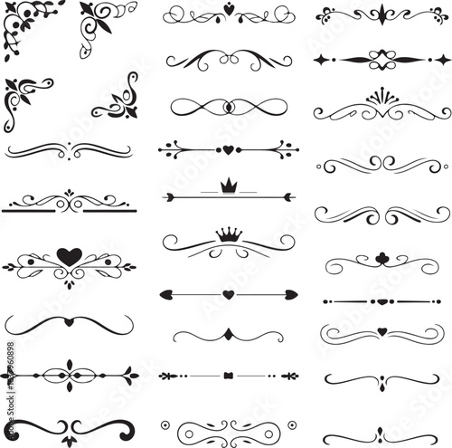 Collection of black decorative ornamental dividers and corner elements flourish swirl