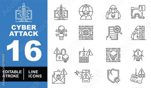 Cyber Attack set of web icons in line style. A collection of linear icons representing key cyber attack concepts, including DDoS, hacker, malware, and phishing. Editable stroke, Vector illustration