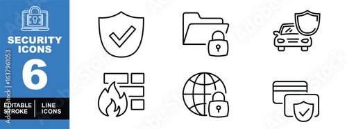 Security set of web icons in line style. A collection of linear icons representing key security concepts, including data security, firewall, network security, and payment security. Editable stroke