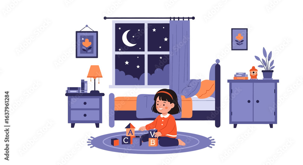 Obraz premium Adobe Illustrator artwork vector illustration of a cozy child’s bedroom at night, with moonlit window, toys, books, and warm decor—ideal for parenting, playtime, and lifestyle themes