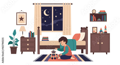 Adobe Illustrator artwork vector illustration of a cozy child’s bedroom at night, featuring toys, books, and moonlit window—perfect for parenting, lifestyle, and home decor themes