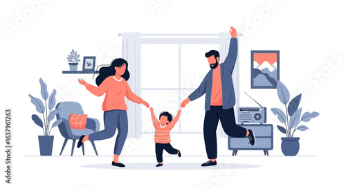 Adobe Illustrator artwork vector illustration of a joyful family dancing together in a cozy living room, surrounded by plants, furniture, and warm decor—perfect for parenting and lifestyle themes