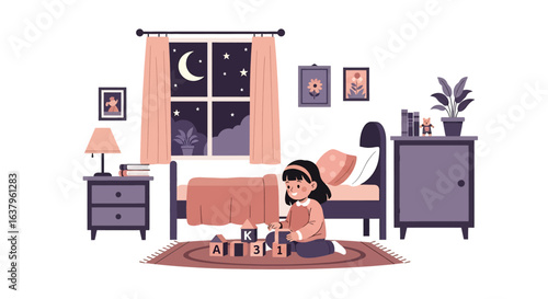 Adobe Illustrator artwork vector illustration of a cozy child’s bedroom at night, with moonlit window, toys, books, and warm decor—ideal for parenting, playtime, and lifestyle themes