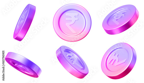 3D set neon coins of Indian rupees with different angles. Y2k style. Stock vector illustration on isolated background.	