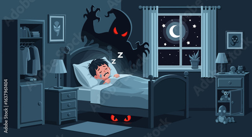 Adobe Illustrator artwork vector illustration of a child experiencing a nightmare in a bedroom at night, with eerie shadows, moonlit window, and detailed deideal for emotional and storytelling 