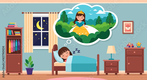 Adobe Illustrator artwork vector illustration of a child peacefully dreaming of a princess in a forest, in a cozy bedroom at night with moonlit window, books, toys, and warm decor