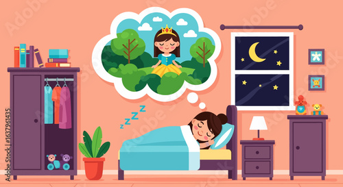 Adobe Illustrator artwork vector illustration of a child peacefully dreaming of a princess in a forest, in a cozy bedroom at night with moonlit window, books, toys, and warm decor