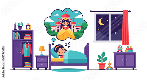 Adobe Illustrator artwork vector illustration of a child peacefully dreaming of a princess in a forest, in a cozy bedroom at night with moonlit window, books, toys, and warm decor