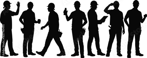 Silhouettes of construction workers standing, walking, saluting, holding tools, wearing safety helmets, teamwork, labor force, building site, industry professionals, workmen action poses.