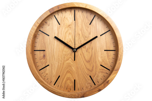 Round Wooden Wall Clock with Minimalist Design, isolated on a transparent background